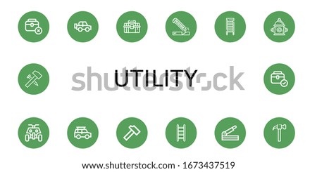 Set of utility icons. Such as Toolbox, Off road, Cutter, Ladder, Fire hydrant, All terrain, Hammer, Paper cutter , utility icons
