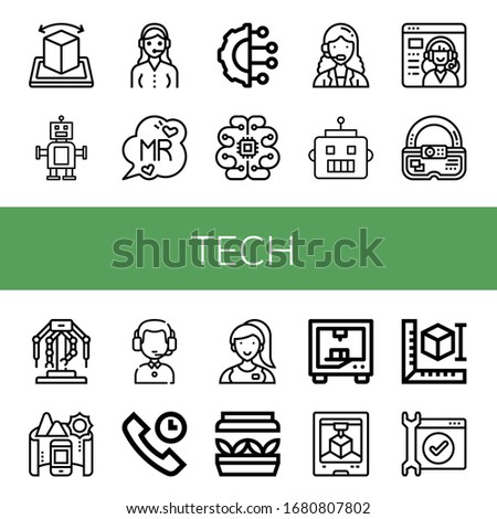 tech simple icons set. Contains such icons as Augmented reality, Robot, Customer service, Mr, Artificial intelligence, Customer service agent, can be used for web, mobile and logo