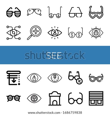 see simple icons set. Contains such icons as Sunglasses, Vision, Zoom in, Visibility, Glasses, View, Blinds, Eye, Ticket office, can be used for web, mobile and logo