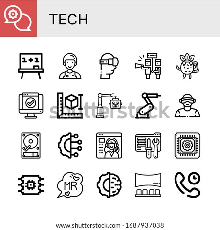 tech simple icons set. Contains such icons as Support, Board, Assistant, Virtual reality, Calling, Service, d printer, Robot, Industrial robot, can be used for web, mobile and logo
