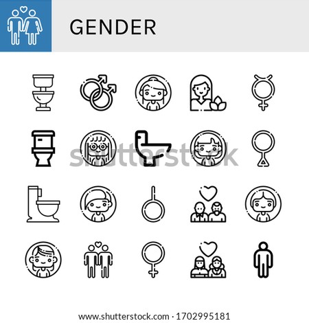 gender simple icons set. Contains such icons as Heterosexual, Toilet, Gay, Woman, Hermaphrodite, Wc, Third gender, Neutral, Female, Lesbian, can be used for web, mobile and logo