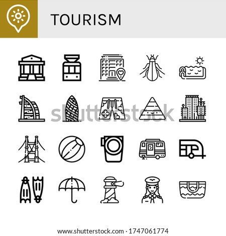 Set of tourism icons. Such as Holidays, Parthenon, Tramway, Hotel, Tree cricket, Swimming pool, Burj al arab, Swimsuit, Pyramid, City garden tower, Bridge , tourism icons