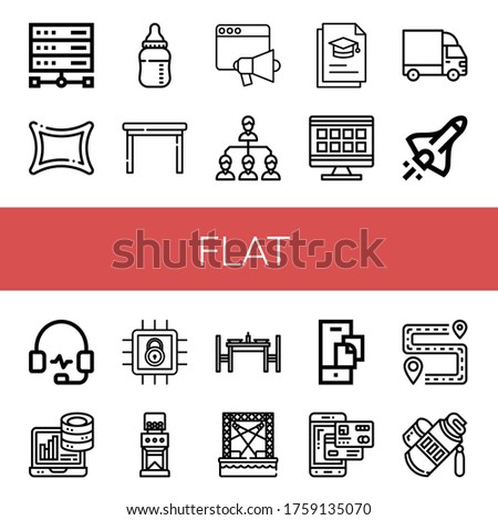 flat simple icons set. Contains such icons as Server, Rune, Baby bottle, Table, Loudspeaker, Network, Graduation, Grid, Cargo truck, Space shuttle, can be used for web, mobile and logo
