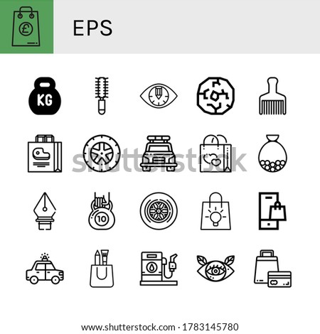 eps icon set. Collection of Shopping bag, Kettlebell, Hair brush, Eye, Wheel, Police car, Bag, Pen tool, Gas station icons