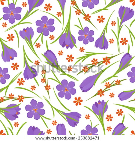 Seamless summer pattern with crocus flowers and red small flowers on white background.