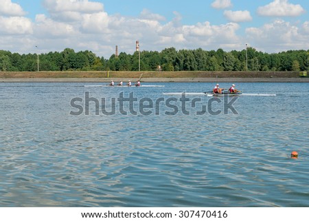 Brest, Belarus - August 14, 2015: Training athletes kayaking. Competitions on single and multi-kayaking.