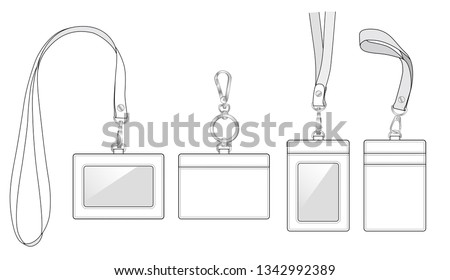 name tags, bus card holders, ID badge cases with front window/ plastic membrane shield and 2 slot in at the back. neck strap or Keychain Key Ring, detachable wrist strap, vector illustration sketch