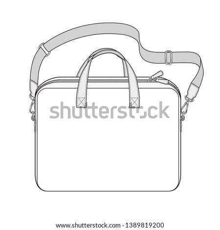 Briefcase with double slider zipper, laptop bag with detachable shoulder strap, vector illustration sketch template isolated on white background