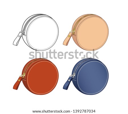 Round coin pouch for coins and accessories, zip purse outline, coin case vector illustration sketch template isolated on white background
