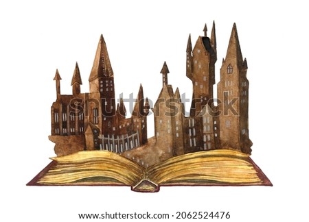 watercolor illustration of open book and castle silhouette  standing on it.Isolated on white background.hand-drawn magic palace. book of fairy tales with a fabulous building