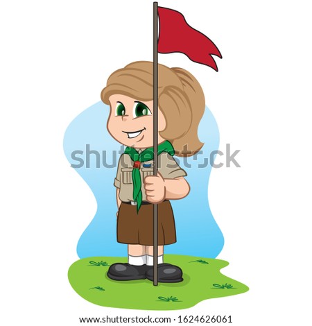 Illustration caucasian girl in scout uniform holding a flag. Ideal for institutional and educational materials