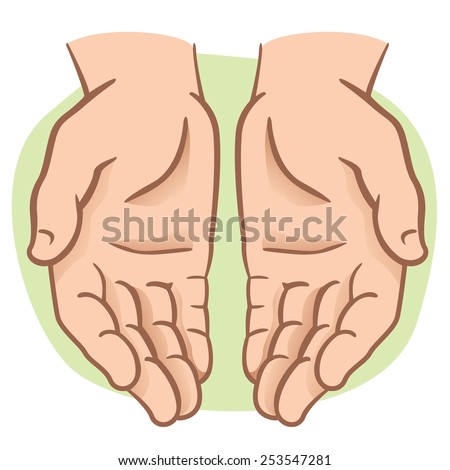 Character pair of hands with exposed palm, request or donation. Ideal for informational and institutional