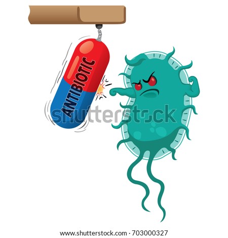 Cartoon representation of a super bug a microorganism, being strong and tough because of drug or antibiotic. Ideal for informative and medicinal materials