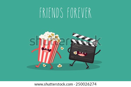 Movie clapper and popcorn in box. Vector cartoon. Movies, cinema. Vector cartoon. fast food. Friends forever. You can use in the menu, in the shop, in the bar, the card or stickers.