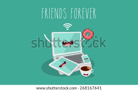 Electronic device, laptop, tablet, phone and coffee illustration. Vector cartoon. Friends forever. Comic characters. You can use in the menu, in the shop, in the bar, the card or stickers.