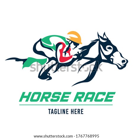 A jockey races his horse, suitable for logo of a racing club, stable and farm, as well as horse racing events Foto stock © 