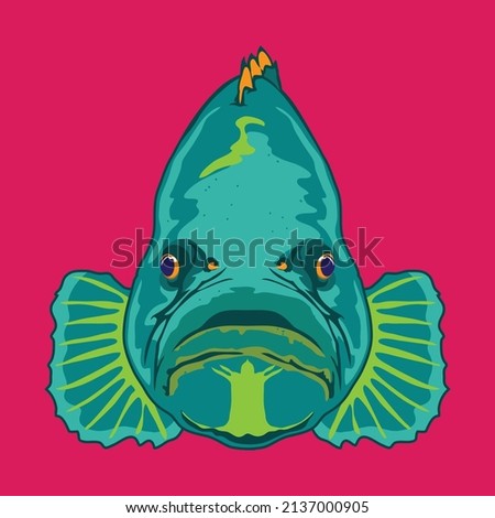 Grouper fish face vector illustration in decorative style, perfect for tshirt design and aquarium fish logo