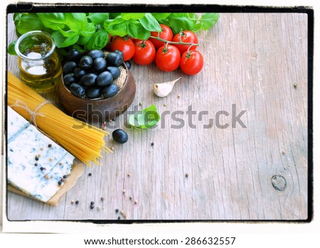 Italian food ingredients, natural food, background for text ,vintage style