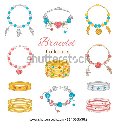 Jewelry collection, vector illustration. Women's  fashionable pandora bracelets collection, isolated on white background.