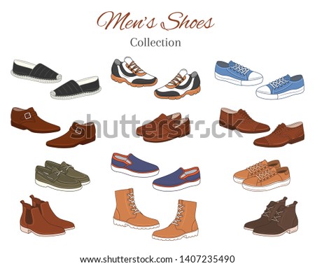 Men's shoes collection. Various types of male shoes casual boots, sneakers, formal shoes, vector sketch illustration, isolated on white background.