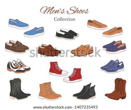 Men's shoes collection. Various types of male shoes casual boots, sneakers, formal shoes, vector sketch illustration, isolated on white background.