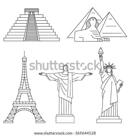 World Landmarks, Eiffel Tower, Statue of liberty,Chichen Itza, Christ the Redeemer, Sphinx. Vector line icons set.