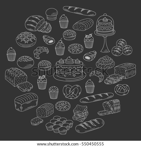 Bakery and pastry collection with various sorts of bread, croissant, pretzel, french baguette, rolls, bagels, cupcake, cakes, muffins. Hand drawn doodle style  vector illustrations isolated on black.