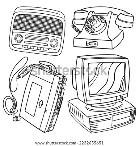 Set vector outline illustration of 90's vibes for coloring book
