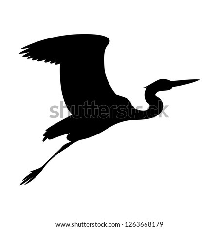 heron  flying, vector illustration ,  black silhouette , profile view
