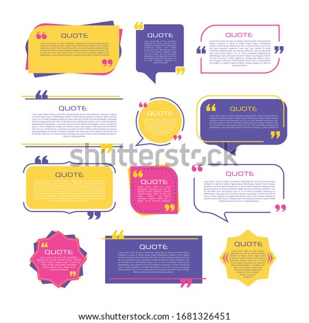 Quote frames blank templates set on white background. Remark. Bubble  comment, message borders, boxes, banners. Speech  balloon with quotation marks, think, speak, talk, commas, 