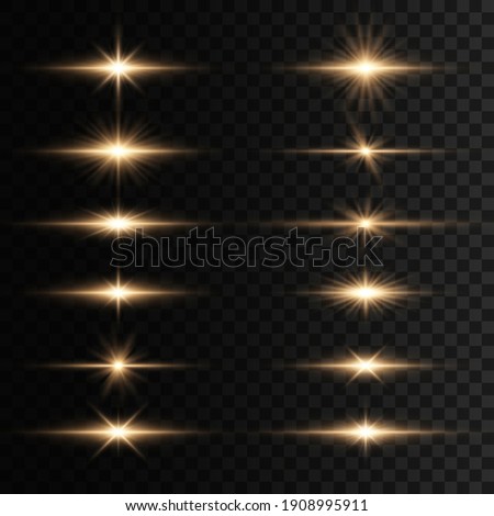 Set of flashes, Lights and Sparkles on a transparent background. Bright gold flashes and glares. Abstract golden lights isolated  Bright rays of light. Glowing lines. 