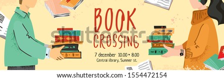 Bookcrossing banner vector template. A man and a woman opposite each other hold a book hand drawn in a modern flatstyle. The concept of the poster, re-use items. Cute cartoon vector illustration