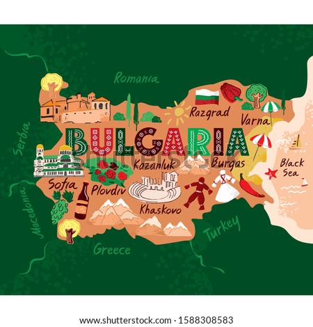 Decorative stylized map of Bulgaria with sights and symbols drawn in a flat style on a green background. Concept banner for travel, tourist guide, comic infographic poster. Cartoon vector illustration