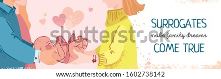 The surrogate mother gives the baby to his parents. Baner's concept of motherhood and the possibility of becoming parents for clinics and magazines about women's health. Flat cute vector illustration.