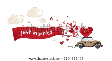 Retro car with a large heart on top, flying hearts, a ribbon with a just married lettering isolated on white. Postcard to the day of the wedding, engagement party in vintage style. Vector illustration Сток-фото © 