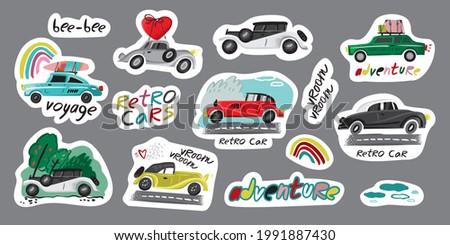 Set of decorative stickers with retro car with inscriptions. Collection of vintage transport symbols for decoration, cards, posters. Positive colorful phrases for notebook. Cartoon vector illustration