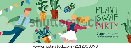 Green plant swap party poster template. Eco friendly lifestyle potted flowers market. Horizontal banner plants exchange. Flying boy and girl holding big houseplants. Cartoon cute vector illustration