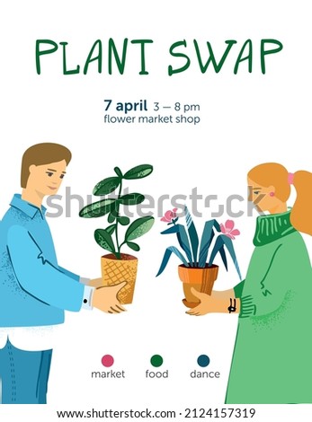 Green plant swap party poster template. Eco friendly lifestyle potted flowers market. Vertical banner plants exchange. Boy and girl holding big houseplants isolated on white. Vector illustration