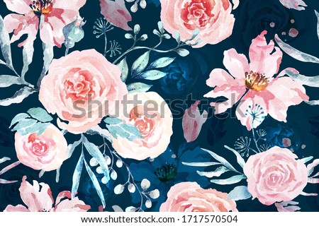 Rose seamless pattern with watercolor on blue background.Designed for fabric luxurious and wallpaper, vintage style.Hand drawn floral pattern illustration.Rose garden.Pink flower bouquet.