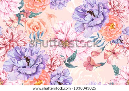 Seamless pattern of chrysanthemum, rose, peony and Blooming flowers with watercolor on pastel colors. Design for fabric luxurious and wallpaper, vintage style. Hand drawn floral pattern.Botany garden.