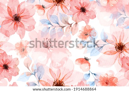 Seamless pattern of orange flowers drawn with watercolor.For the design of the wallpaper or fabric, vintage style.Blooming flower painting for summer.Botany background.