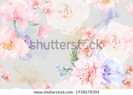 Rose seamless pattern with watercolor on pastel background.Designed for fabric luxurious and wallpaper, vintage style.Hand drawn floral pattern illustration.Rose garden.Pink flower bouquet.