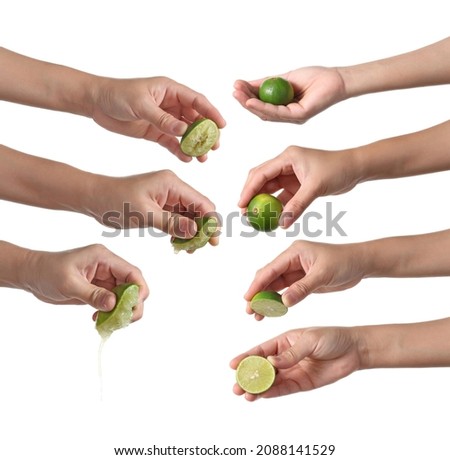 Hand squeeze green lime isolated on white background Сток-фото © 