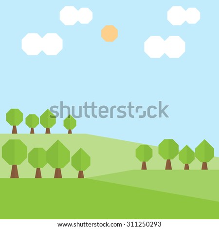 Green hill landscape with trees meadow cloud and sun on blue sky background, vector illustration