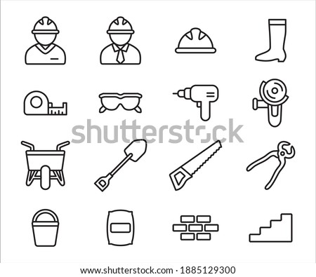 Simple Set of construction job and worker Related Vector icon user interface graphic design. Contains such Icons as construction worker avatar, measure tape, goggle, driller, cutter machine, barrow