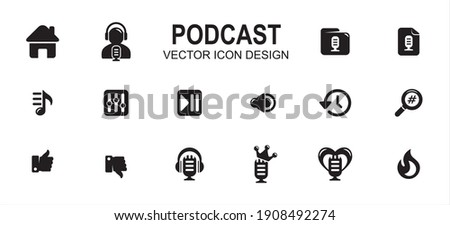 Simple Set of podcast streaming application Vector icon user interface graphic design. Contains such Icons as home, speaker, host, folder, category, new, play list, equalizer, play pause, favorite