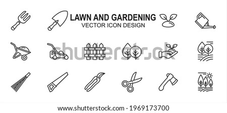 Simple Set of lawn and gardening maintenance Related Vector icon user interface graphic design. Contains such Icons as fork, spade, plant, wheelbarrow, fence, grass mower, seed, tree, axe, saw,