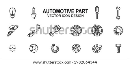 Automotive automobile and motorcycle part related vector icon user interface graphic design. Contains such Icons as light bulb, screwdriver, wrench, shock breaker, suspension, muffler, exhaust