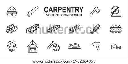 Carpentry carpenter wood workshop related vector icon user interface graphic design. Contains such icons as safety helmet, goggle, saw, axe, cut off machine, wood log, lumber, timber, tree, drill