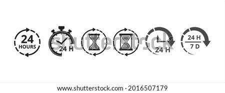 Time 24 hours nonstop clock vector icon collection. Hourglass repeat loop vector illustration. Twenty four per seven day sign